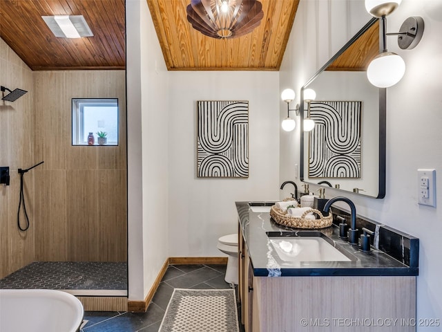 bathroom featuring wooden ceiling, tile patterned flooring, toilet, a sink, and vaulted ceiling