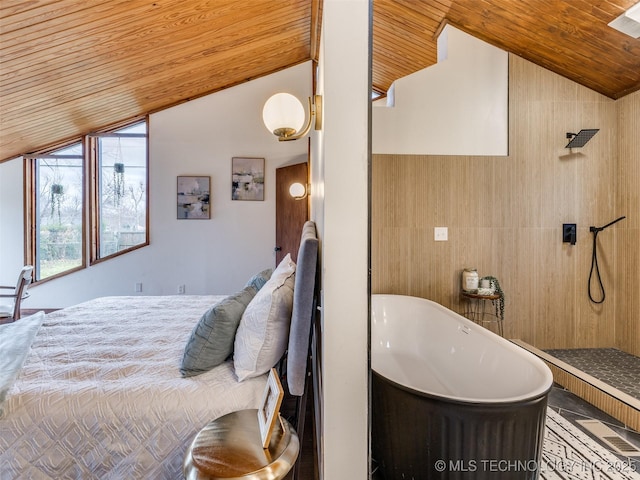 bedroom with lofted ceiling and wooden ceiling