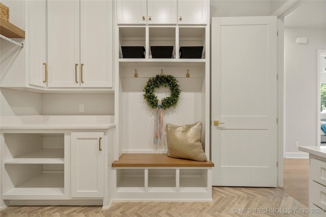 mudroom featuring light parquet floors