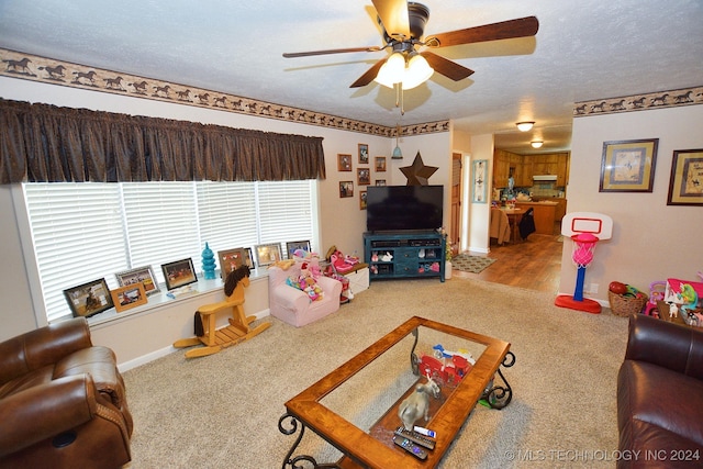 carpeted living room with ceiling fan and a textured ceiling