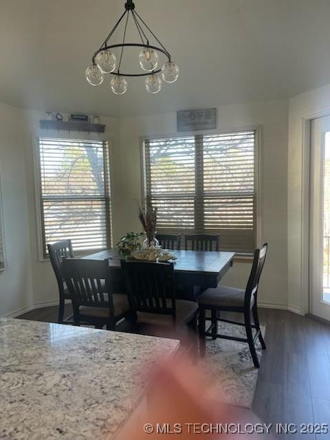 dining space featuring plenty of natural light, an inviting chandelier, and hardwood / wood-style floors