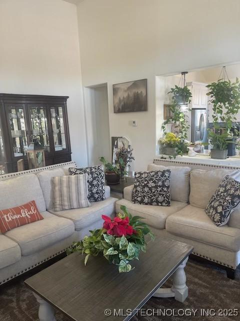 living room featuring a high ceiling