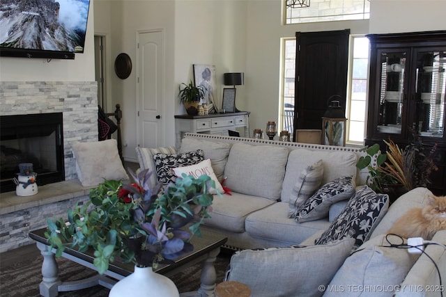 living room with a stone fireplace