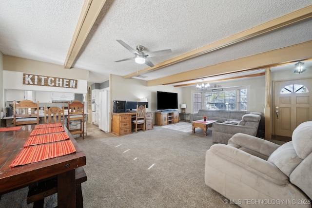 carpeted living room featuring ceiling fan with notable chandelier, a textured ceiling, and beam ceiling