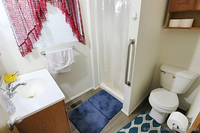 bathroom with vanity, toilet, and curtained shower