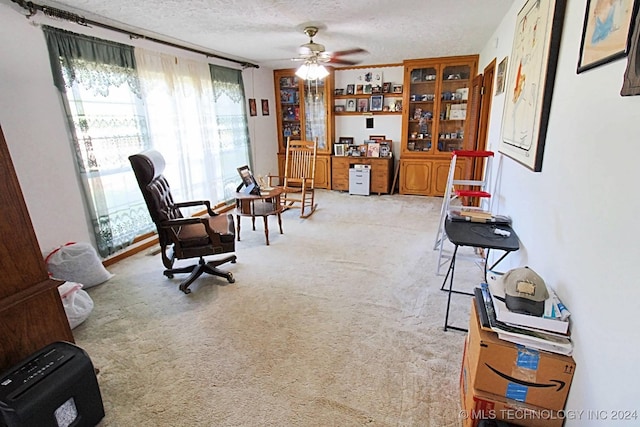 interior space featuring light carpet, ceiling fan, and a textured ceiling