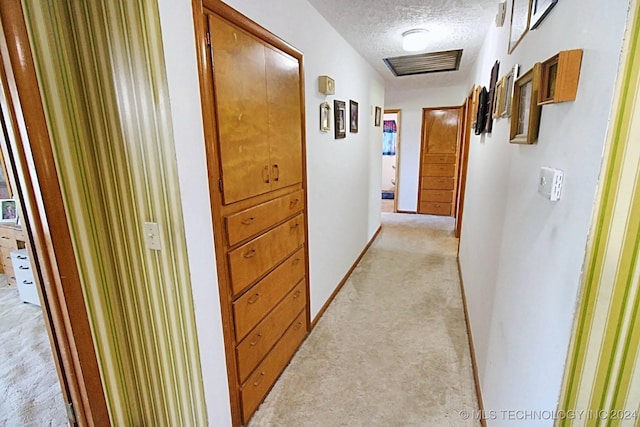 hall featuring light carpet and a textured ceiling