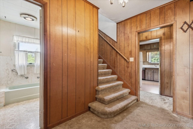 stairway featuring wood walls and carpet floors