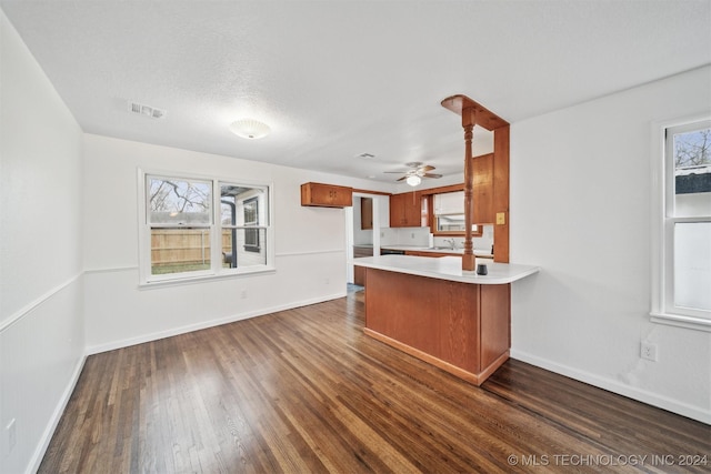 kitchen featuring kitchen peninsula, a wealth of natural light, and dark hardwood / wood-style flooring