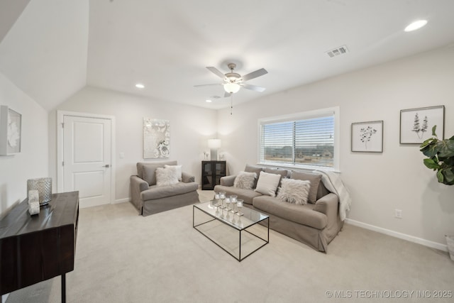 living room with visible vents, baseboards, a ceiling fan, light colored carpet, and recessed lighting