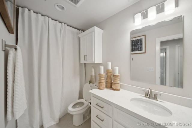 full bathroom with toilet, visible vents, and vanity