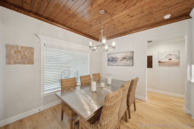 dining space featuring baseboards, wooden ceiling, light wood-style flooring, an inviting chandelier, and crown molding