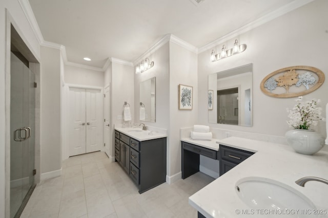 bathroom featuring baseboards, a sink, crown molding, a shower stall, and two vanities