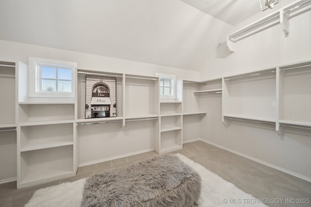 spacious closet featuring carpet floors and vaulted ceiling