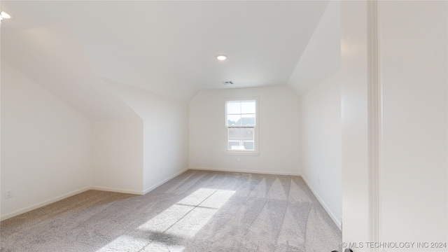 additional living space with light carpet and vaulted ceiling