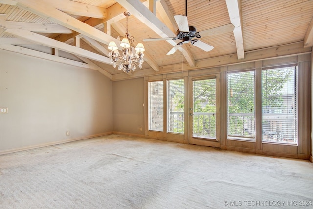 unfurnished room with carpet flooring, vaulted ceiling with beams, wooden ceiling, and ceiling fan with notable chandelier