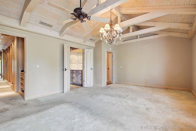 unfurnished room featuring lofted ceiling with beams, light colored carpet, wooden ceiling, and ceiling fan with notable chandelier