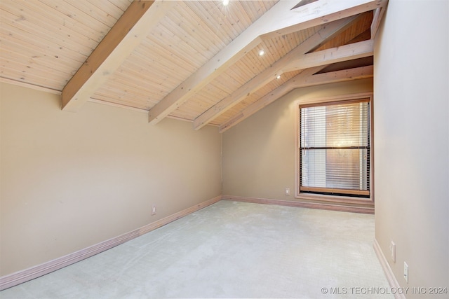 bonus room with carpet, lofted ceiling with beams, and wood ceiling