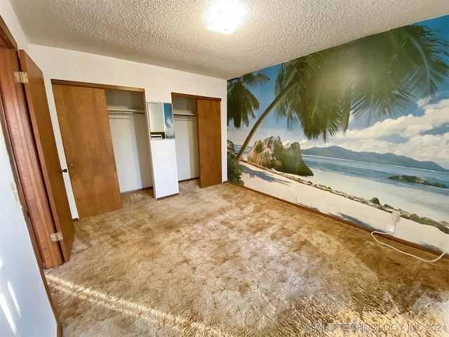 unfurnished bedroom with carpet floors, a textured ceiling, and two closets