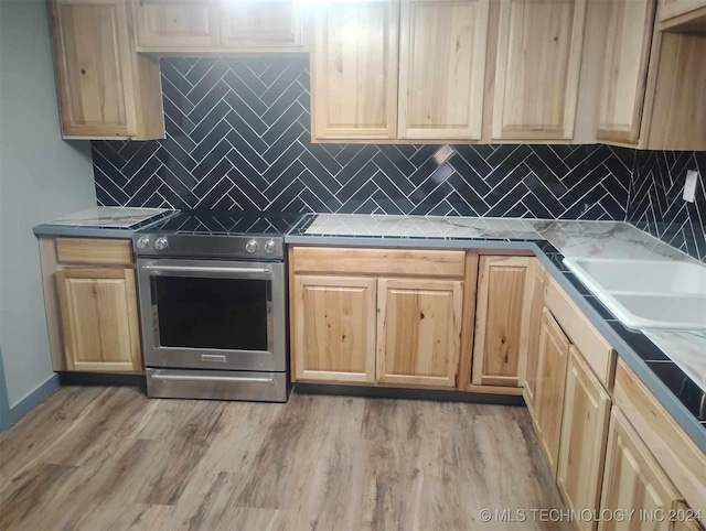 kitchen with decorative backsplash, light wood-type flooring, and sink