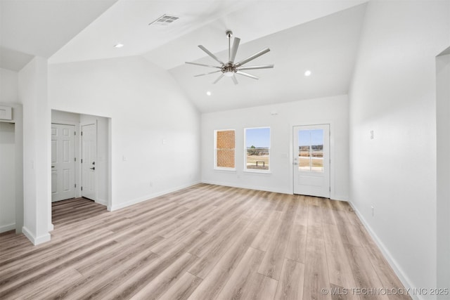 unfurnished living room featuring a ceiling fan, visible vents, baseboards, high vaulted ceiling, and light wood-type flooring