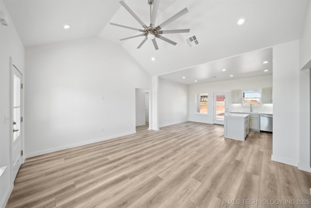 unfurnished living room featuring visible vents, a sink, light wood finished floors, lofted ceiling, and ceiling fan