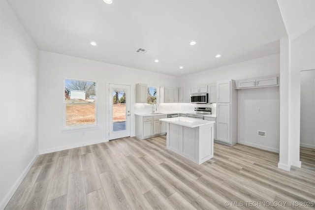 kitchen featuring visible vents, a sink, a kitchen island, light wood-style floors, and appliances with stainless steel finishes