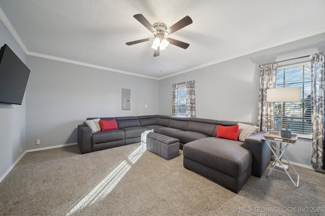 carpeted living room featuring ceiling fan, ornamental molding, and electric panel