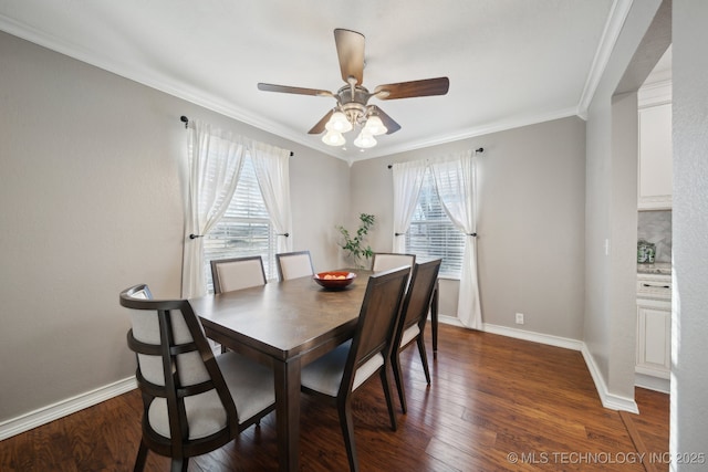 dining room featuring ceiling fan, a healthy amount of sunlight, and crown molding