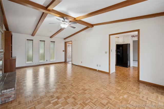 unfurnished living room featuring ceiling fan, vaulted ceiling with beams, a brick fireplace, and light parquet floors