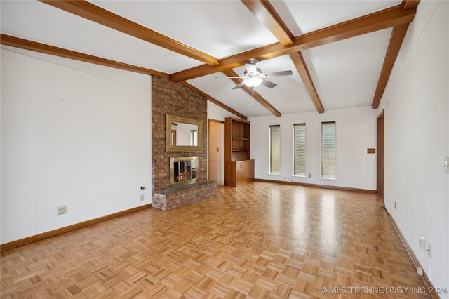 unfurnished living room featuring ceiling fan, vaulted ceiling with beams, a fireplace, and light parquet floors