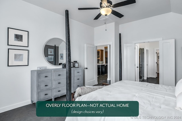 bedroom featuring ceiling fan and lofted ceiling