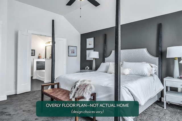 bedroom with carpet flooring, ceiling fan, and lofted ceiling