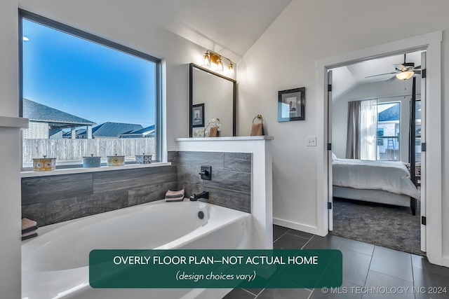 bathroom featuring a bath, tile patterned floors, ceiling fan, and lofted ceiling