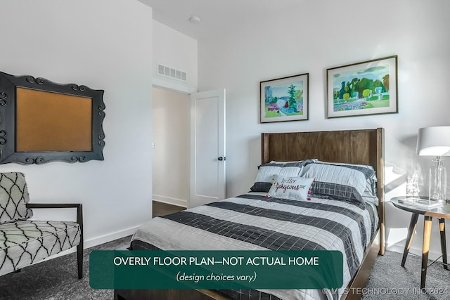 bedroom featuring dark carpet and a high ceiling