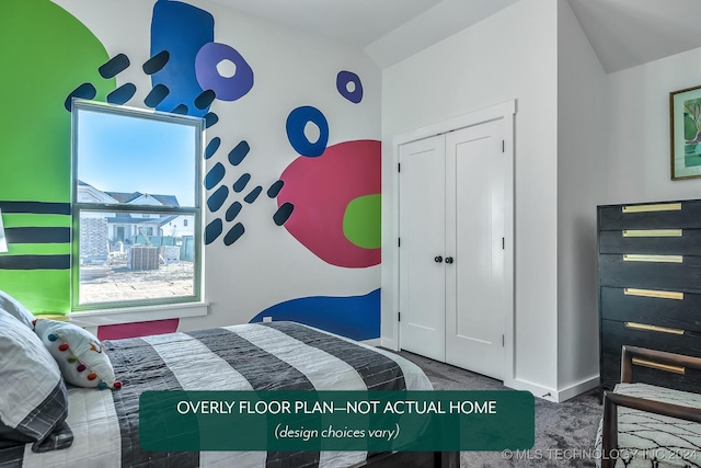 bedroom featuring carpet, a closet, and lofted ceiling