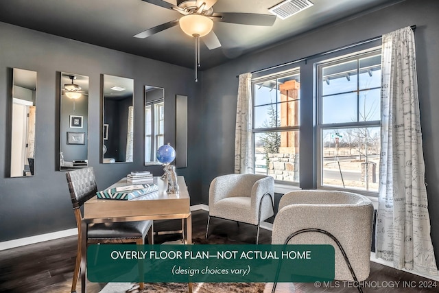 dining room with hardwood / wood-style floors and ceiling fan