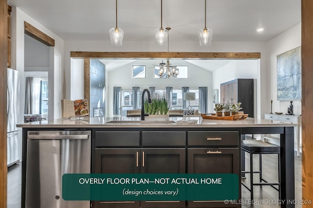 bar with vaulted ceiling with beams, sink, stainless steel dishwasher, and an inviting chandelier