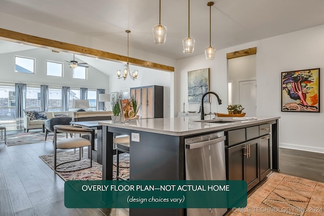 kitchen featuring dishwasher, ceiling fan with notable chandelier, a kitchen island with sink, and hanging light fixtures