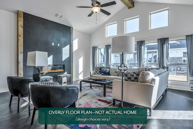 living room with ceiling fan, a healthy amount of sunlight, beam ceiling, and dark hardwood / wood-style floors