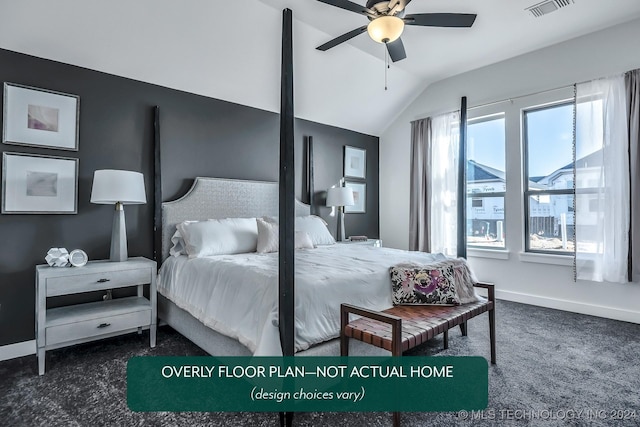 carpeted bedroom featuring ceiling fan, lofted ceiling, and multiple windows