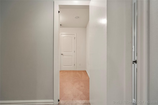 hall with light colored carpet