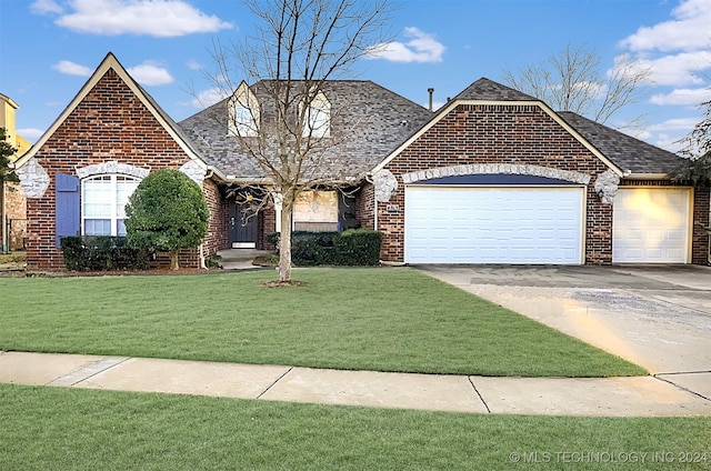 view of property featuring a front yard and a garage