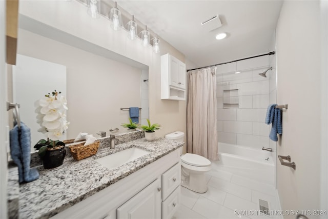 full bathroom with shower / bathtub combination with curtain, tile patterned flooring, vanity, and toilet