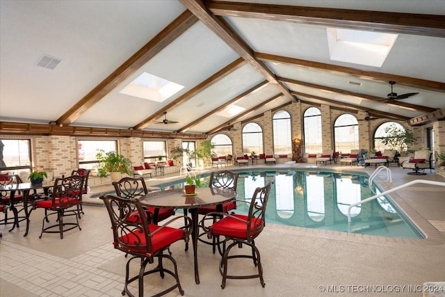 view of swimming pool with ceiling fan and a skylight