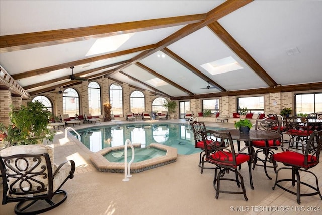 view of pool with ceiling fan and an indoor in ground hot tub