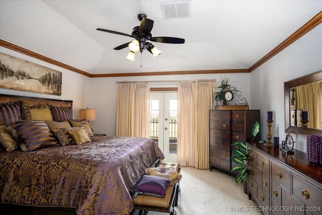 carpeted bedroom featuring a textured ceiling, access to outside, vaulted ceiling, and ceiling fan