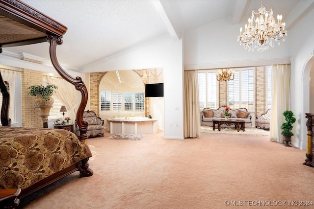 bedroom with beam ceiling, carpet floors, and high vaulted ceiling