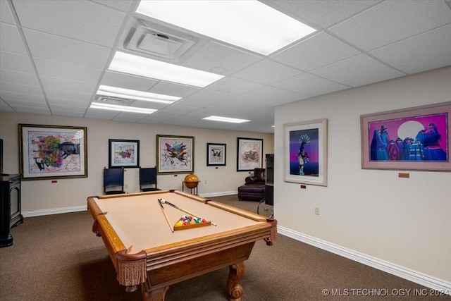 recreation room with dark carpet, a drop ceiling, and pool table