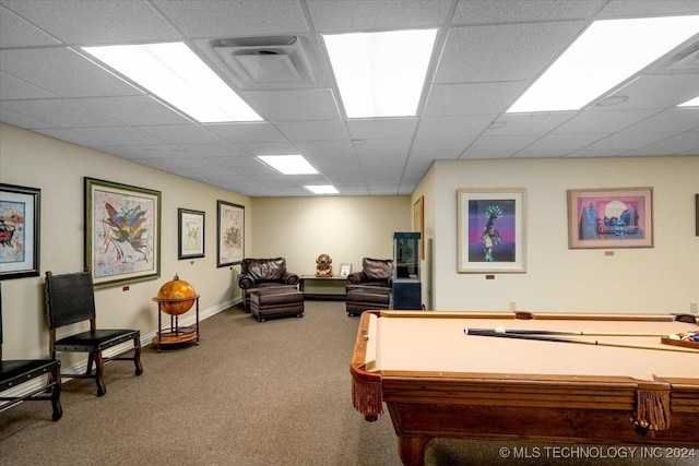 recreation room with carpet floors, a drop ceiling, and pool table